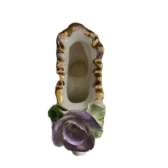 Purple Rose Shoe ceramic Figurine Hand Made TET China Clay Green Leaf Vintage - Picture 9 of 11